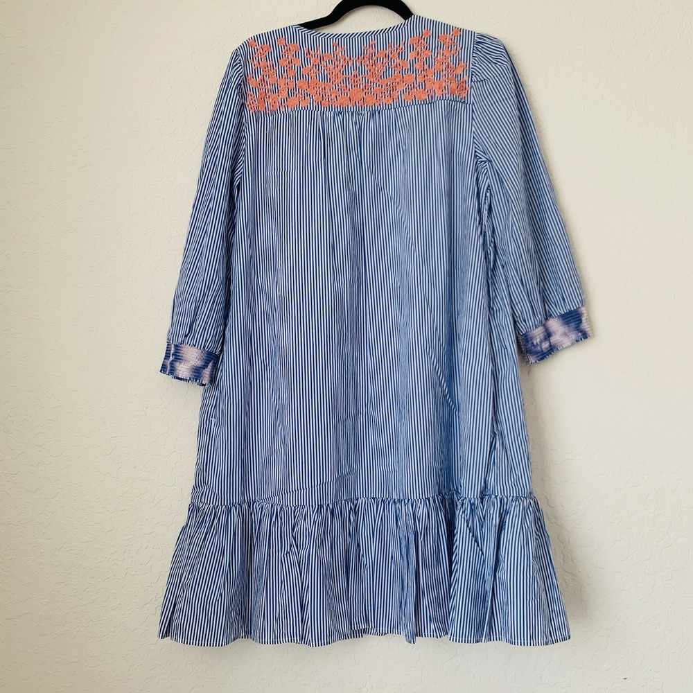 J CREW Leda Dress S Blue Stripe Embroidered Ruffle Hem‎ Boho Cottagecore Peasant - Picture 3 of 15